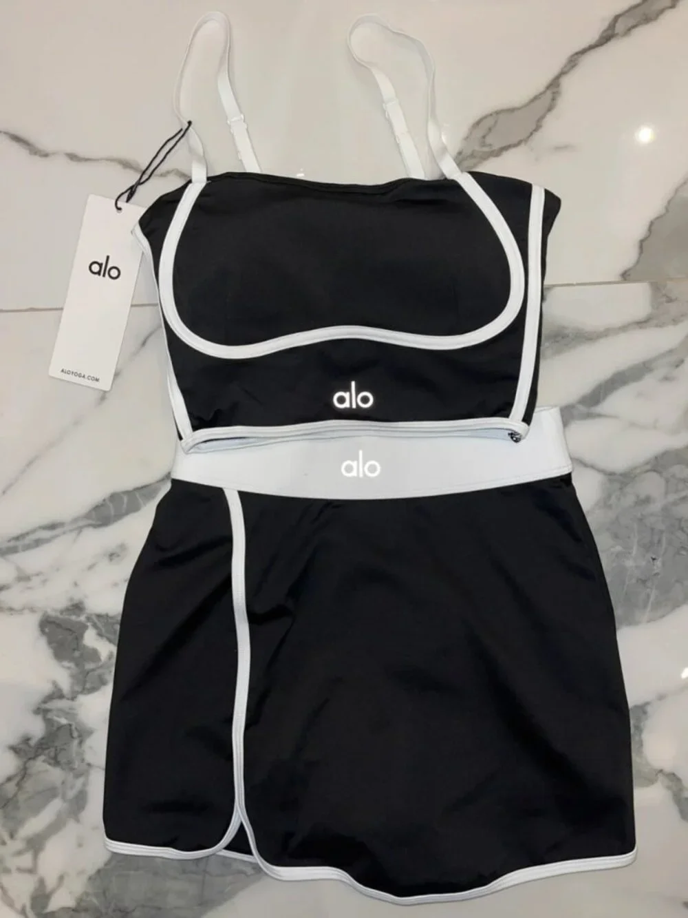 Alo Yoga Black & White Sports Bra and Skort Set Women's S